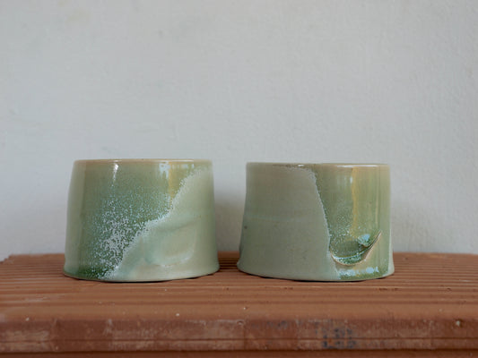 Set of two crystallised glossy green whiskey cups